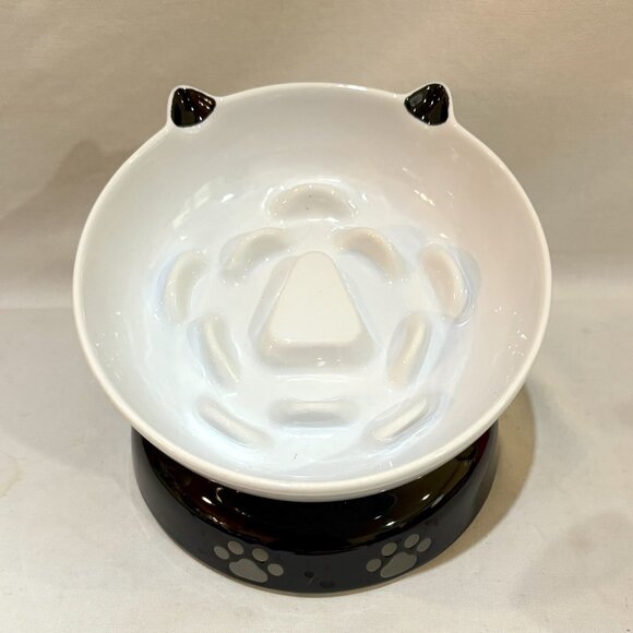 YHY Fine Porcelain Slow Feeder Elevated Tilting Cat Bowl Non-Slip Base - Picture 1 of 9